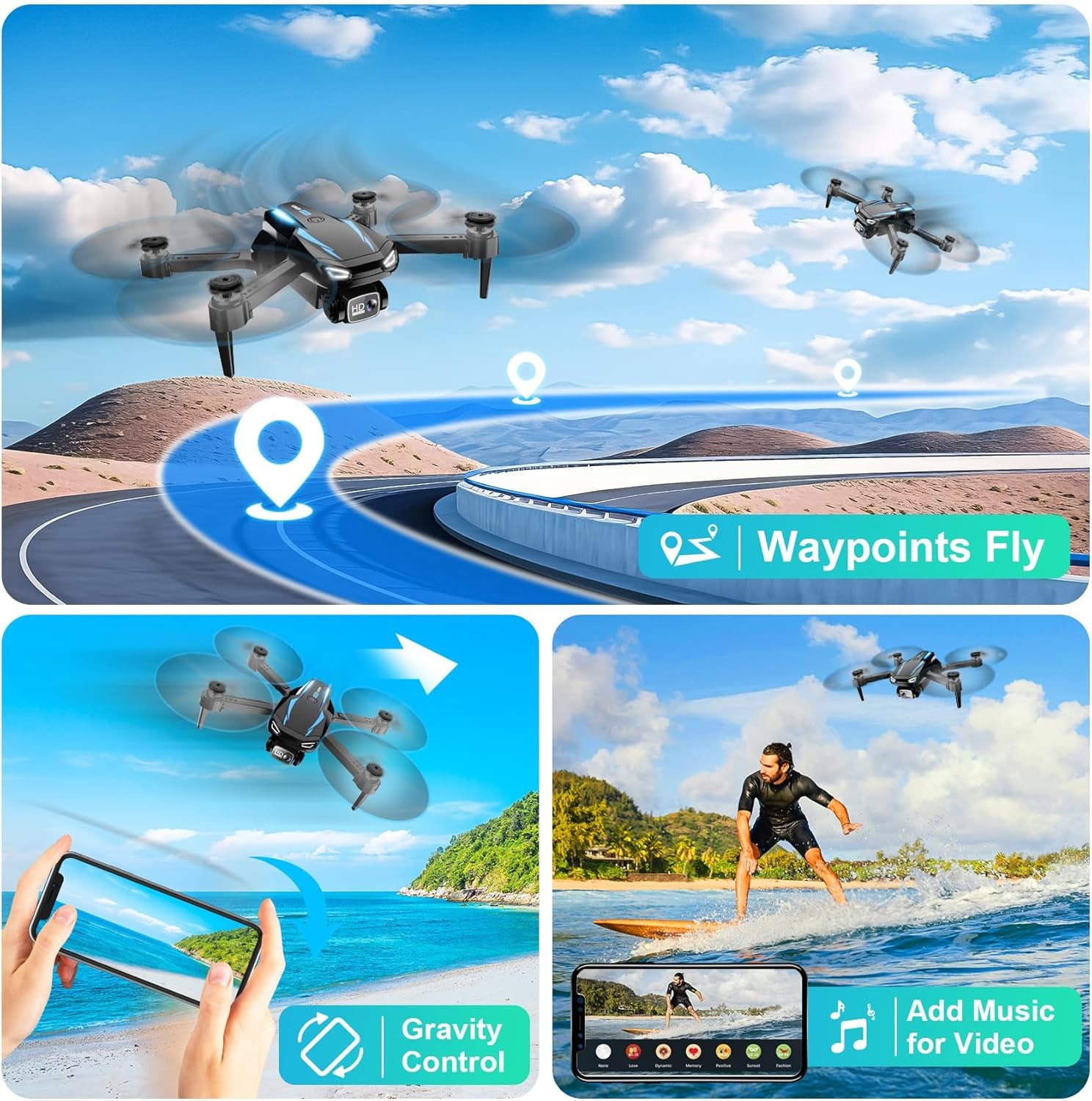 Drone with Camera, 1080P HD FPV Foldable Drone for Kids Adults Beginners, Brushless Motor RC Quadcopter with Stable Hover, Gestures Selfie, Waypoint Fly, 3D Flips, One Key Start, 2 Batteries