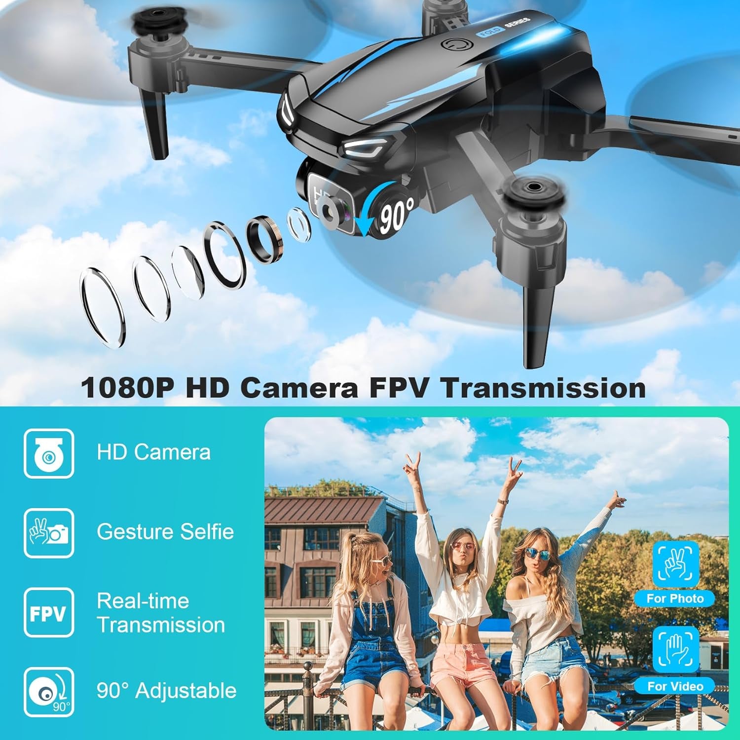 Drone with Camera, 1080P HD FPV Foldable Drone for Kids Adults Beginners, Brushless Motor RC Quadcopter with Stable Hover, Gestures Selfie, Waypoint Fly, 3D Flips, One Key Start, 2 Batteries