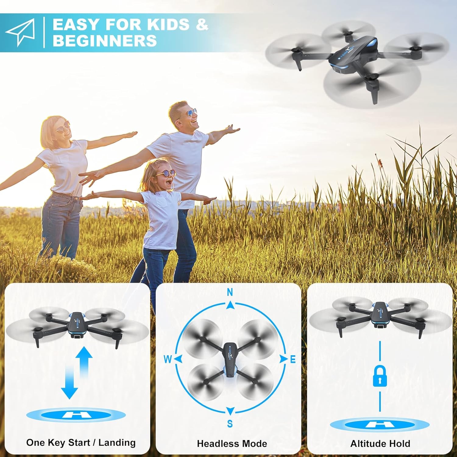 Drone with 1080P Camera for Beginners and Kids, Foldable Remote Control Quadcopter with Voice Control, Gestures Selfie, Altitude Hold, One Key Start, 3D Flips, 2 Batteries, Toy for Boys Girls