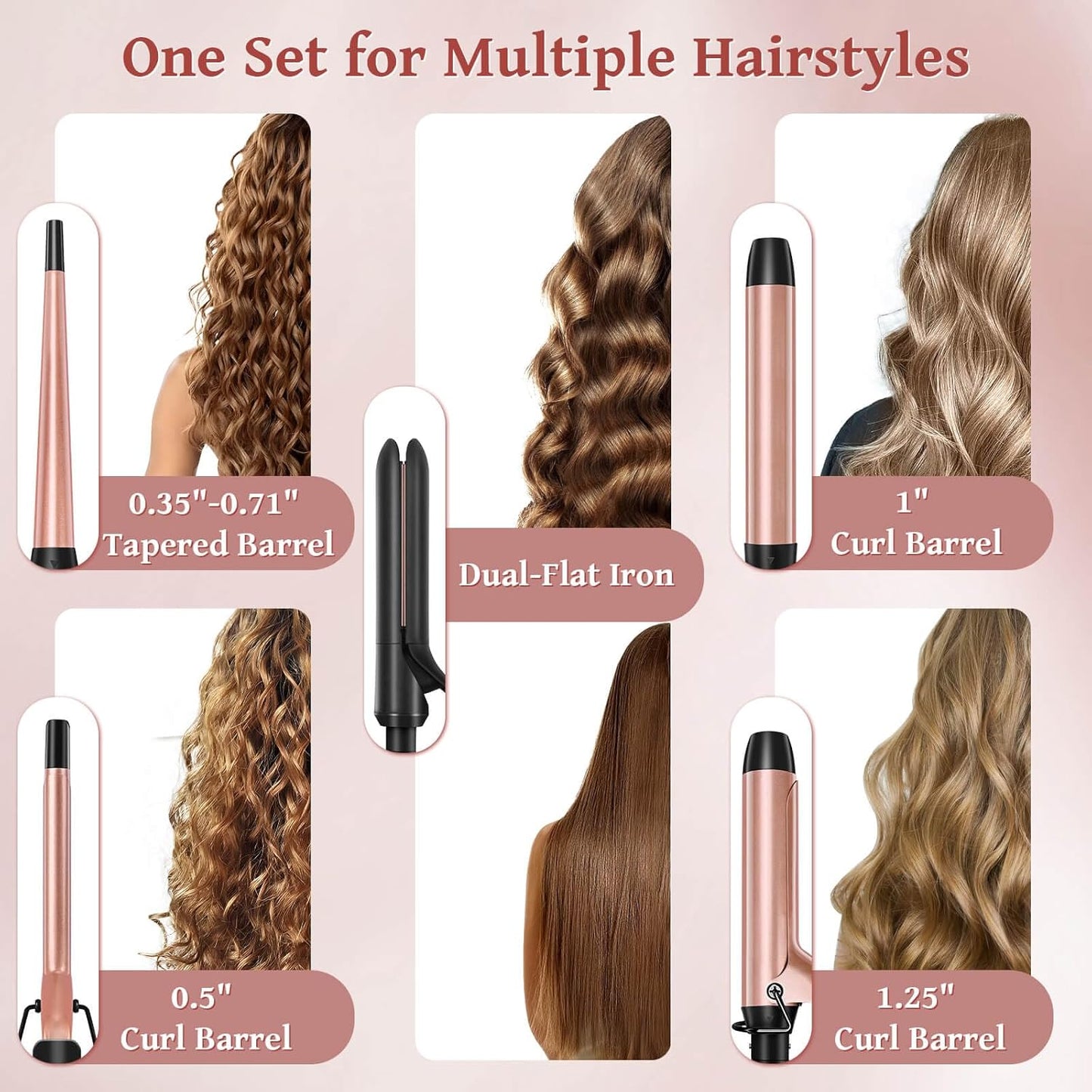 5 in 1 Curling Iron with Interchangeable Ceramic Barrels (0.35"-1.25"), Curling Wand Set with Flat Iron Hair Straightener, Instant Heat Up, Dual Voltage Hair Curler, Gifts for Women