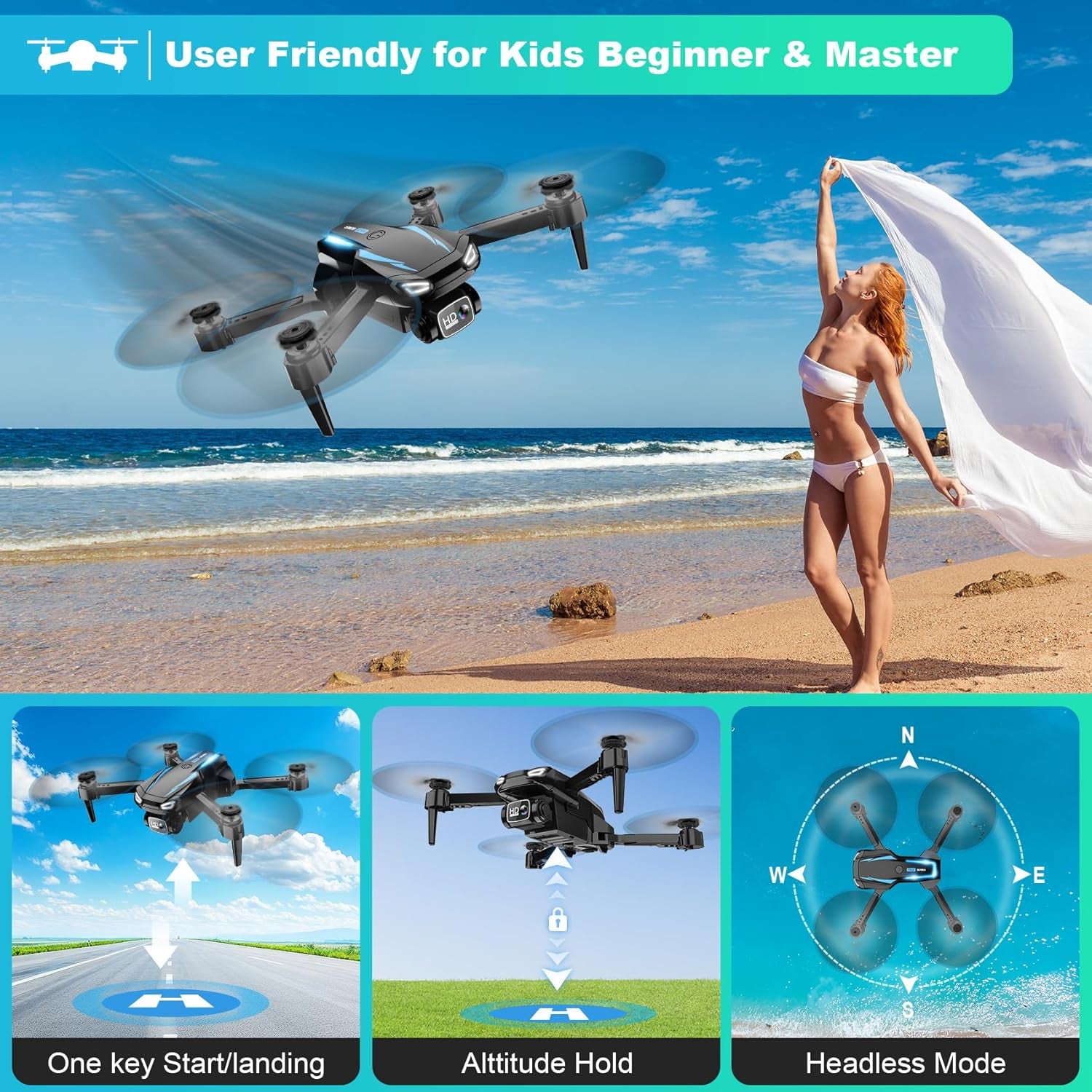 Drone with Camera, 1080P HD FPV Foldable Drone for Kids Adults Beginners, Brushless Motor RC Quadcopter with Stable Hover, Gestures Selfie, Waypoint Fly, 3D Flips, One Key Start, 2 Batteries