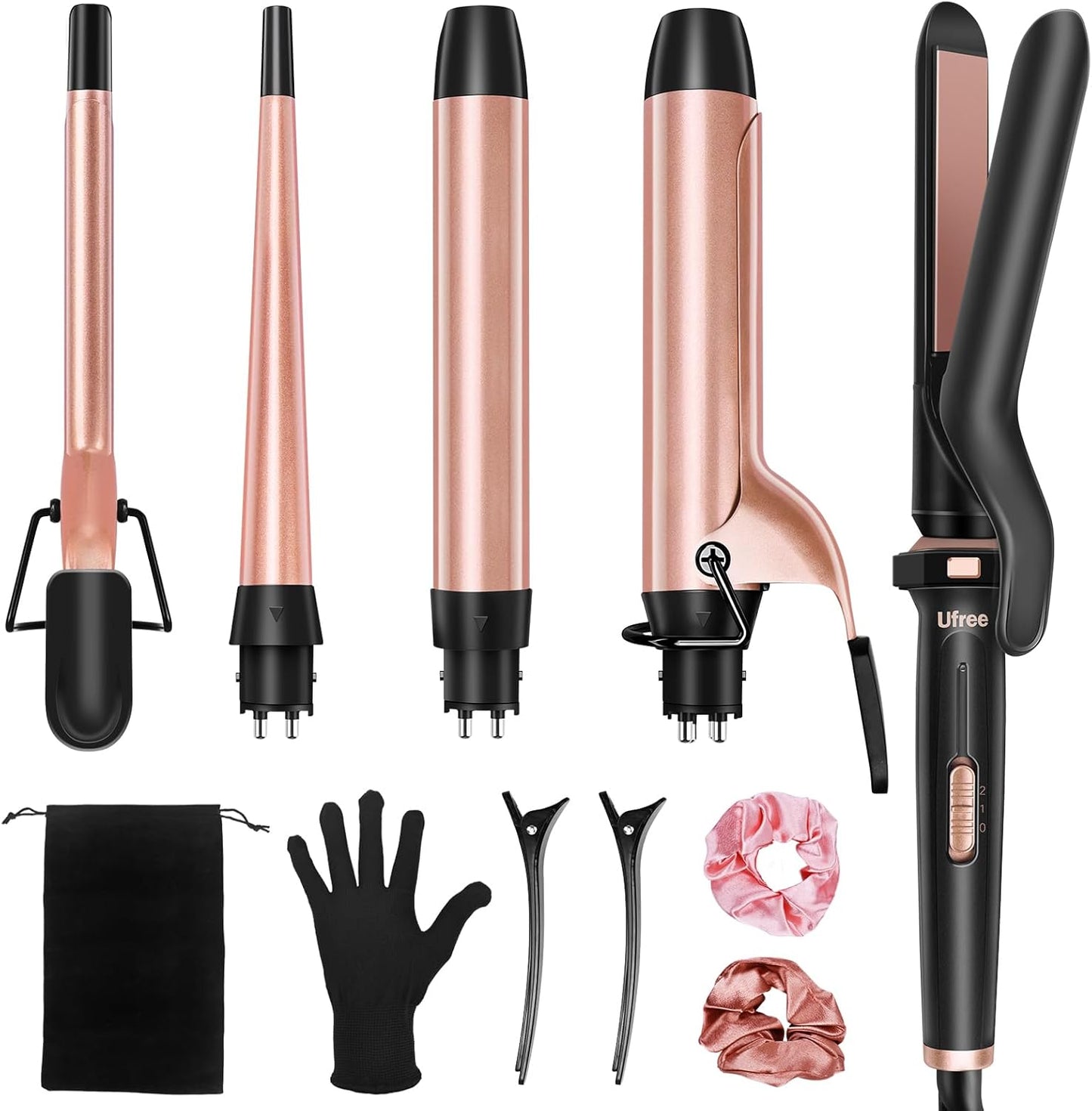 5 in 1 Curling Iron with Interchangeable Ceramic Barrels (0.35"-1.25"), Curling Wand Set with Flat Iron Hair Straightener, Instant Heat Up, Dual Voltage Hair Curler, Gifts for Women